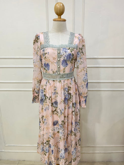 Floral Print Lacey Border Elegant Square Neck Long Sleeves Sundress